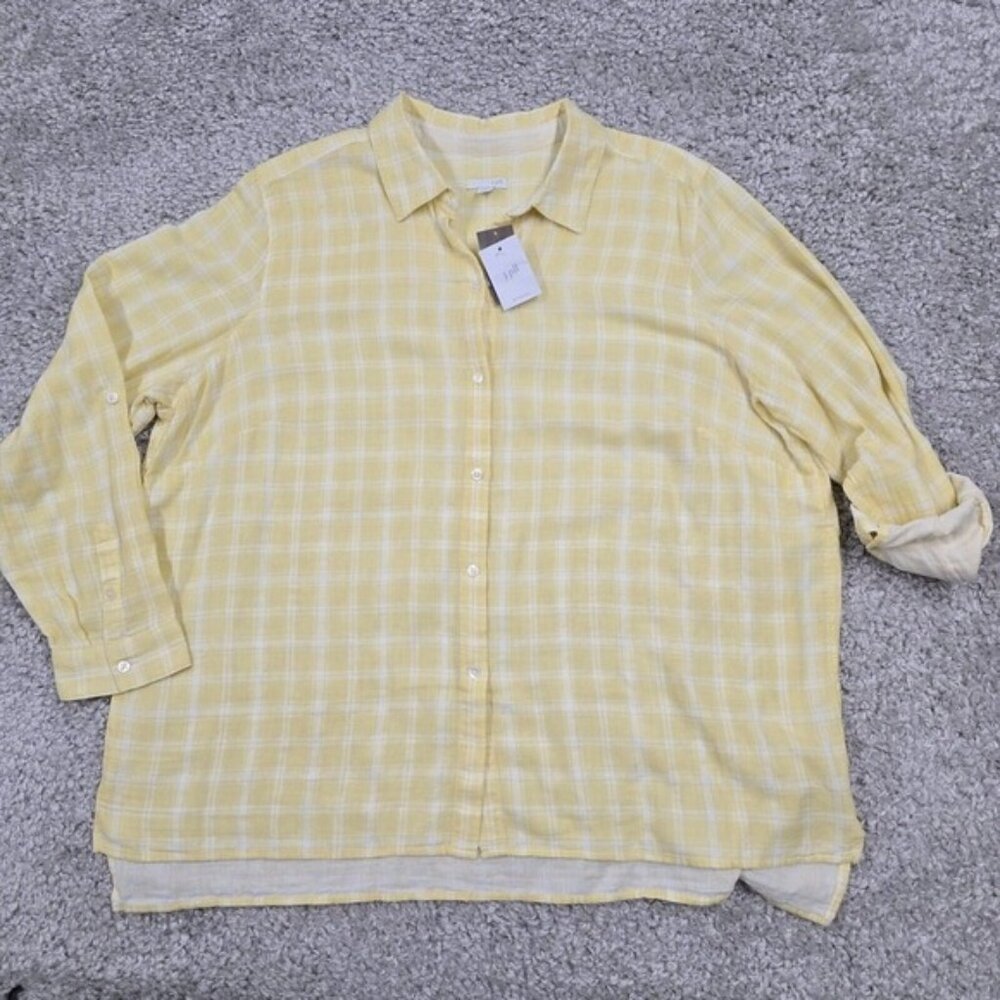 J Jill Shirt Women 2X Yellow White Plaid Button Roll Tab Sleeve Beachy